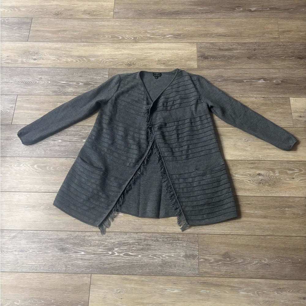 Talbots Cardigan Sz SP Petites Gray Merino Wool Fringe Sweater Office Classic